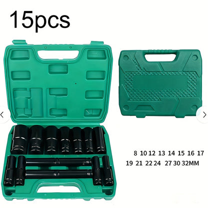 BOURVILL 35/15/10pcs 1/2" Drive Deep Impact Socket Set for Axle Hub Nut, Featuring 6-Point Metric Sizes from 8-32Mm, Made of Cr-Mo Steel, Designed for Heavy-Duty Vehicle Repair And Maintenance