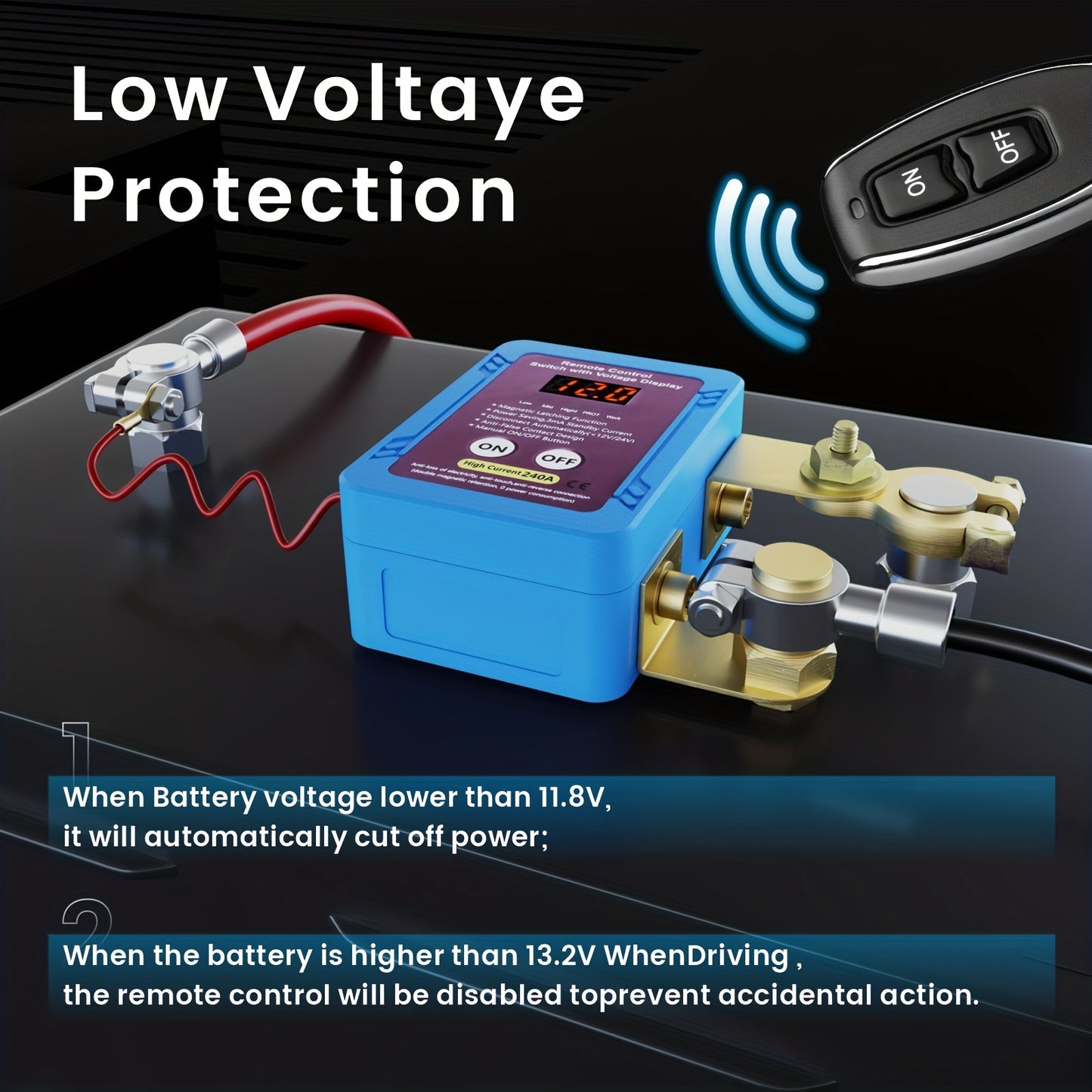 Remote Battery Disconnect Switch 12V, 240A, with LED Voltage Display, Upgrade Smart Voltage Car Kill Switch Anti-Theft, Prevent Battery Drain, Remote Battery Kill Switch for Car, Truck, RV(The Main Body Has No Wireless Function)