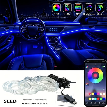 [RGB Multi-Color LED] Automotive LED Interior Light Strip, 5in 1 276 Inch RGB Multi-Color, with Optical Fiber Ambient Lighting Kit, Button And APP Control, Car Car Plug LED Light Strip with Music Synchronization Mode, Without Battery