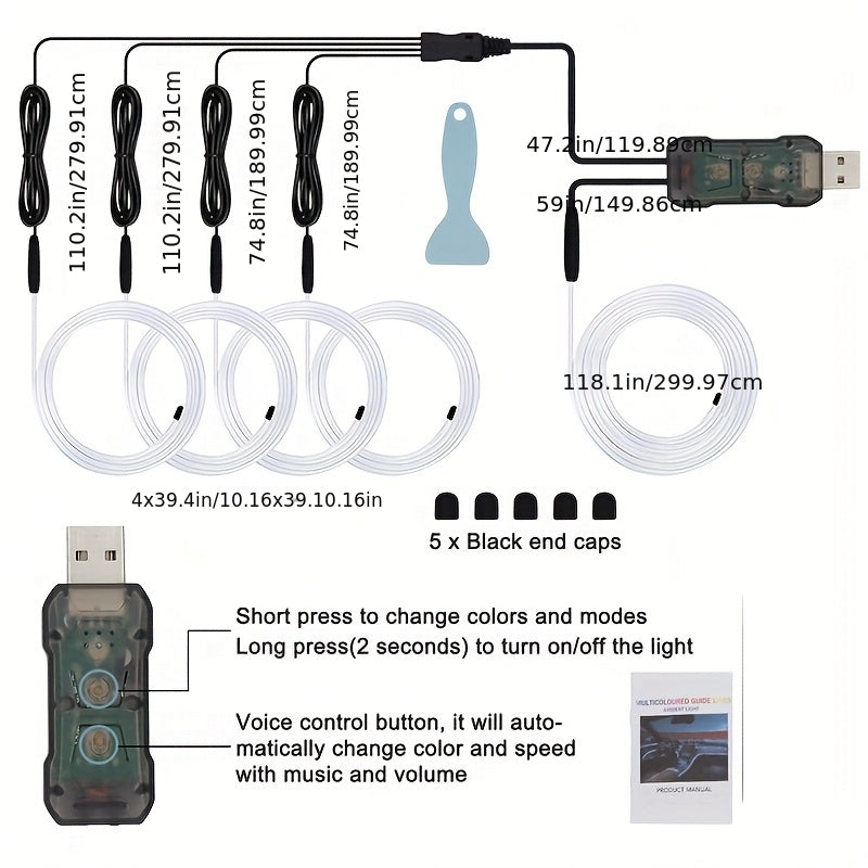 [RGB Multi-Color LED] Automotive LED Interior Light Strip, 5in 1 276 Inch RGB Multi-Color, with Optical Fiber Ambient Lighting Kit, Button And APP Control, Car Car Plug LED Light Strip with Music Synchronization Mode, Without Battery
