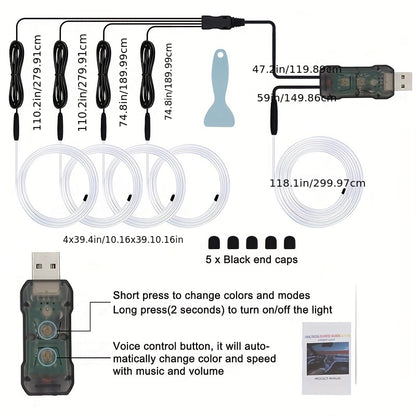 [RGB Multi-Color LED] Automotive LED Interior Light Strip, 5in 1 276 Inch RGB Multi-Color, with Optical Fiber Ambient Lighting Kit, Button And APP Control, Car Car Plug LED Light Strip with Music Synchronization Mode, Without Battery