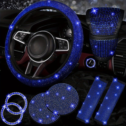 Set of 8 Sparkly Car Additions for Women, Including a Glittery Steering Wheel Cover, Shiny Car Coasters, Belt Shoulder Pads, Ring Emblem Sticker, And Gear Shift Cover