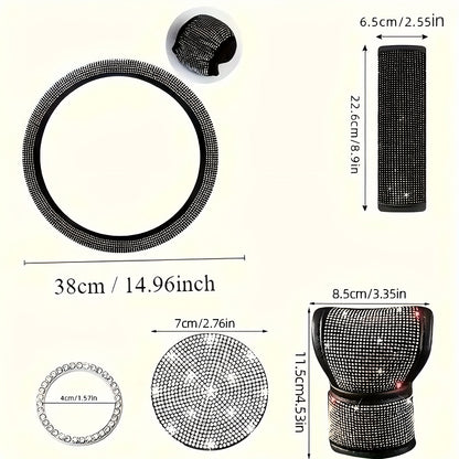 Set of 8 Sparkly Car Additions for Women, Including a Glittery Steering Wheel Cover, Shiny Car Coasters, Belt Shoulder Pads, Ring Emblem Sticker, And Gear Shift Cover