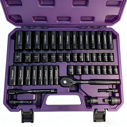 92/50/15pcs 3/8 Inch Drive Impact Socket Set, Metric (8-22 Mm), SAE (5/16 - 3/4 Inch), 6 Points, Cr-V Material, With Adapter Ratchet Handle And Storage Box - Professional/maintenance Personnel Set, A Great Choice For Daily Use And As A Gift.