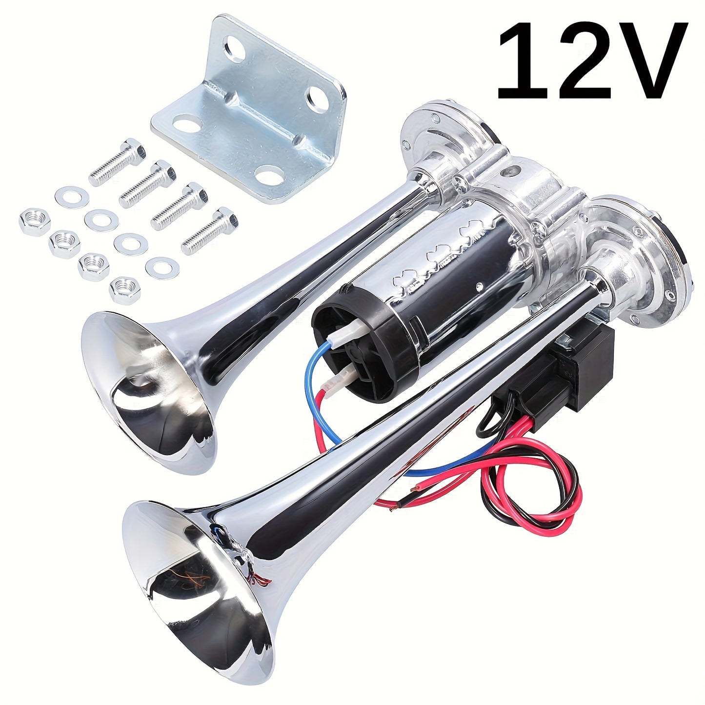 130dB Double Tube Air Horn 12V/24V, Aluminum Alloy Construction with Compressor Included, Super Loud for Trucks, SUVs, Boats, Quick Connect Installation