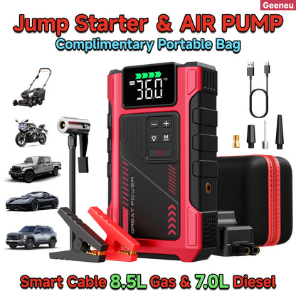 Portable Car Jump Starter with Air Compressor, Jump Starter for Car, 5000A Peak(2.11gal Gas, 1.72gal Diesel) with 150 PSI Tire Inflator, 12V Car Battery Jump Power Pack, Car Jumper Starter Portable, 5in 1 Function Jump, Battery Charger, Smart Cables