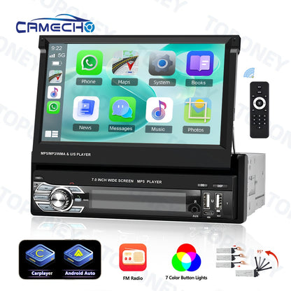 Podofo Wireless CarPlay & Android Auto Single DIN Car Stereo with HD Flip-Out Touchscreen, Compatible for /Android, Wireless, Backup Camera, USB/Type-C/AUX, Voice Control, FM Radio, for -in- Vehicle Audio System