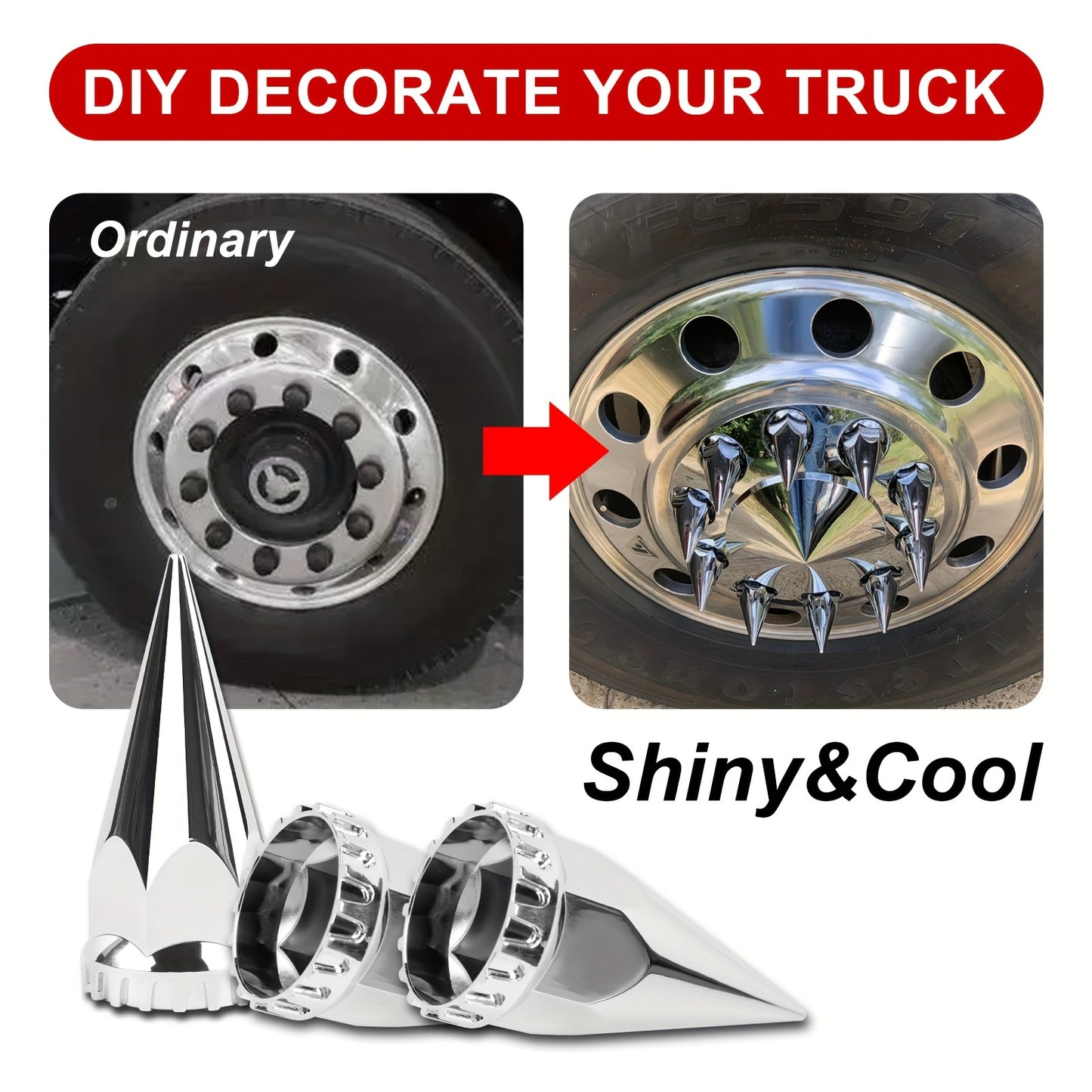 (60pcs 40pcs) 33mm X 4 3/4" Chromed Spike Lug Nuts Covers Screw On, ABS Chrome Caps Pointed Screw On Lug Nut Cover for Semi Trucks