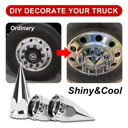 (60pcs 40pcs) 33mm X 4 3/4" Chromed Spike Lug Nuts Covers Screw On, ABS Chrome Caps Pointed Screw On Lug Nut Cover for Semi Trucks