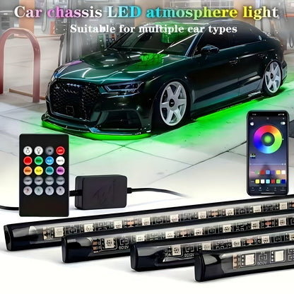 4pcs Colorful Automotive LED Chassis Light Strip, Remote APP Dual Control Ambient Neon Light Kit, DC12V, 16 Million Colors Available, Cool And Eye-Catching at Night, Suitable for Cars, Pickup Trucks, Suvs, Etc., Let Every Journey, All Dazzling