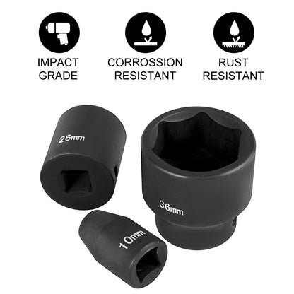 VEVOR Impact Socket Set 1/2 Inches 26 Piece Impact Sockets, Shallow Socket, 6-Point Sockets, Rugged Construction, CR-V, 1/2 Inches Drive Socket Set Impact Metric 10mm - 36mm, with a Storage Cage