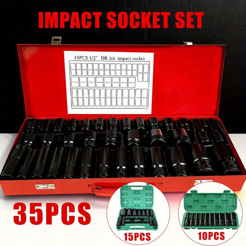 BOURVILL 35/15/10pcs 1/2" Drive Deep Impact Socket Set for Axle Hub Nut, Featuring 6-Point Metric Sizes from 8-32Mm, Made of Cr-Mo Steel, Designed for Heavy-Duty Vehicle Repair And Maintenance