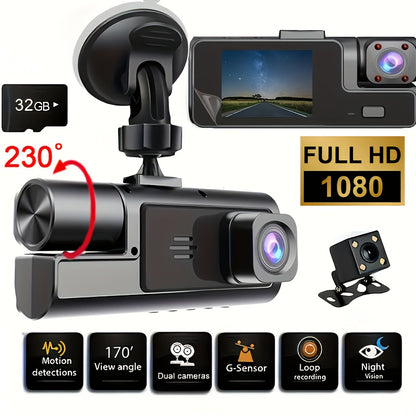 1080P Triple Camera Dash Cam, Car Camera with IR Night Vision, 170° Wide Angle Car DVR Camera, 16GB/32GB TF Card Optional, Loop Recording, G-Sensor | 2-Inch IPS Screen Dual Lens Car Dashboard Video Cam, 24H Parking Mode, Christmas Gift