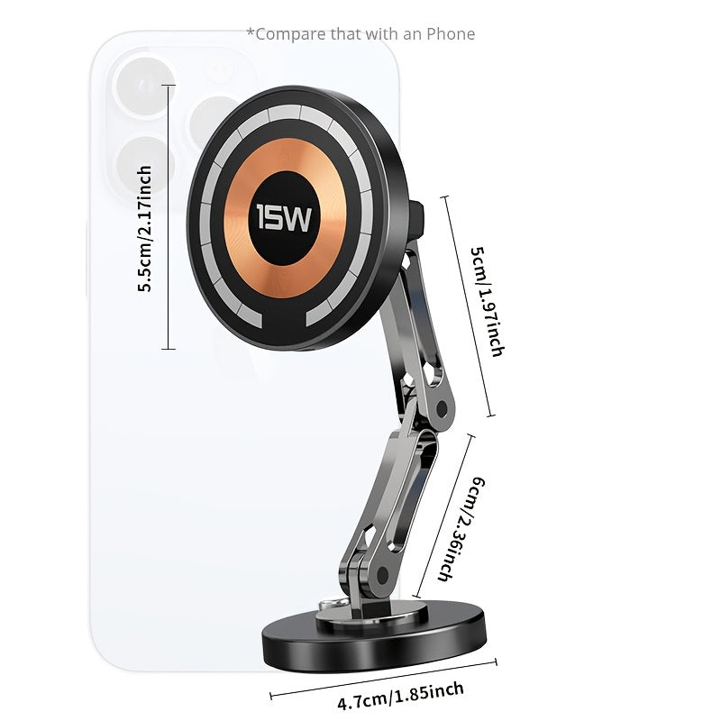 Magnetic Car Mount with 15W Fast Charging, 360° Rotation, Universal Compatibility, Foldable Stand, and Super Magnetic Attraction for Most Smartphones, Without Battery