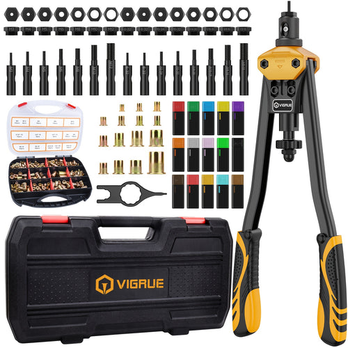 VIGRUE 16-Inch Rivet Nut Tool Kit Includes a Hand Tool Set with 15 Metric And Inch Mandrels Ranging from M3 to M12 And 6-32 to 1/2-13, Along with a Selection of 300 Metric And SAE Rivet Nuts