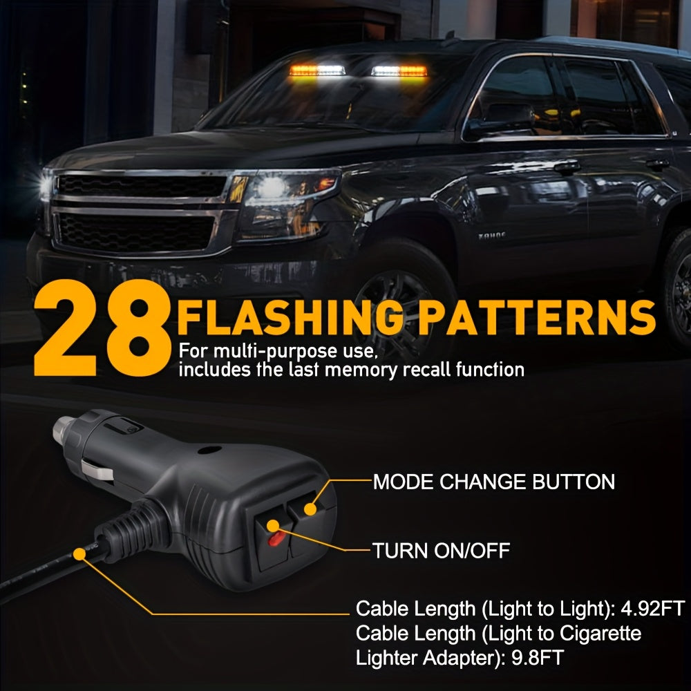 24LED Emergency Dash Lights | 2 in 1 Interior Windshield Safety Flashing Lights with Suction Cups for Snow Plow, Trucks, Construction Vehicles, Car - Universally Applicable, 12-24V Power, Lights, Without Battery
