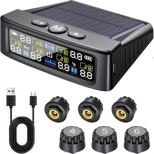 6-Wheel Tire Pressure Monitoring System, Solar Charging Tire Pressure Monitor, with 6 Sensors And 6 Alarm Modes, Real-Time Data Display Suitable for Trucks, Suvs, Vehicles, Enhanced Safety, Host solely Receives