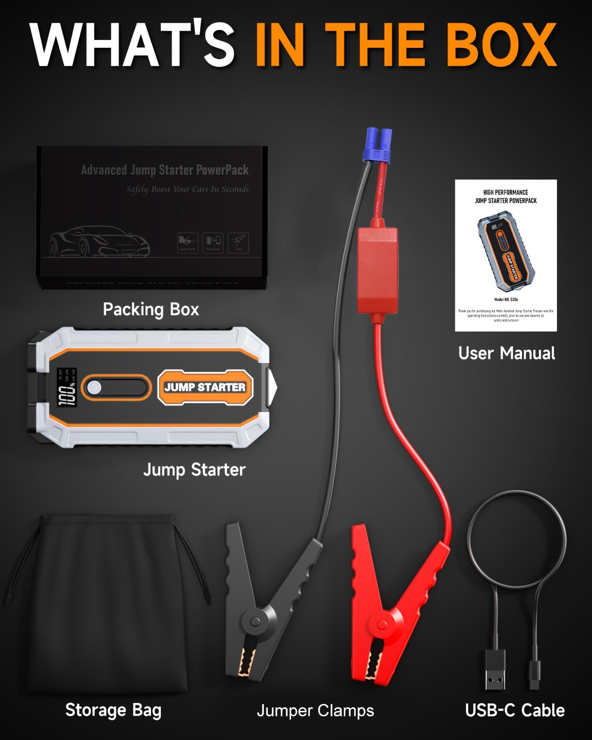 6000A Peak All-in-One Heavy-Duty Jump Starter with USB Ports & LED Flashlight - 12V Lithium-Ion Fast-Charging Portable Power Bank, Compact & Portable with Safety Hammer, 12V for Cars, SUVs, Trucks, Motorcycles, Boats, RVs, ATVs, Emergency Use