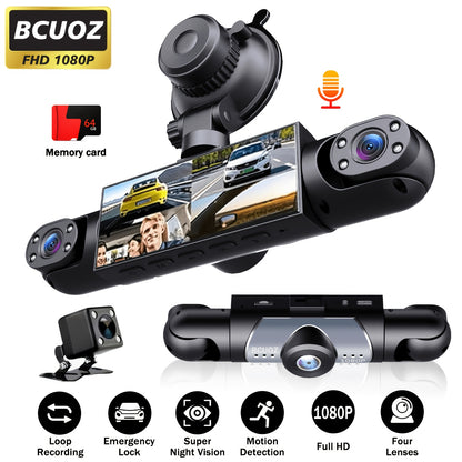 BCUOZ 360° Panoramic 3/4-Channel 1080P Full HD Ultimate Safety Dash Cam Set, 1080P Front + 720P Rear/Left/Right All-Round Coverage, 2.4" Quad-Screen Split Display, Super Night Vision, WDR, G-Sensor, Loop Recording - Auto Parts/ Car Dashboard Camera/