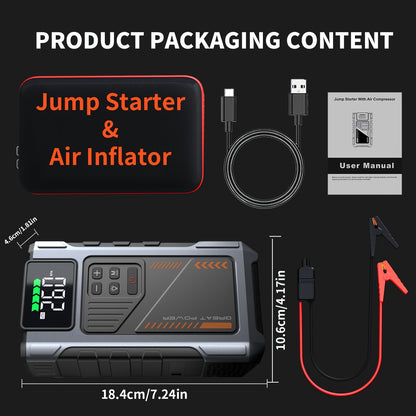 Portable Car Jump Starter with Air Compressor, Jump Starter for Car, 5000A Peak(2.11gal Gas, 1.72gal Diesel) with 150 PSI Tire Inflator, 12V Car Battery Jump Power Pack, Car Jumper Starter Portable, 5in 1 Function Jump, Battery Charger, Smart Cables