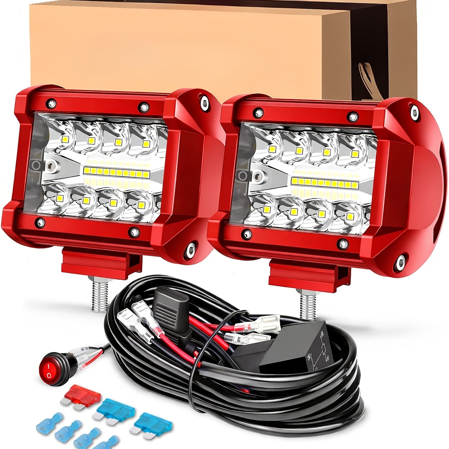[LED Pod Lights] 4 Inch LED Pod Lights, Flood LED/Driving/Off Road Lights LED Light Bar With 2 Leads Wiring Harness, Cube Pods For Truck Boat ATV UTV, 2pcs Red, Without Battery