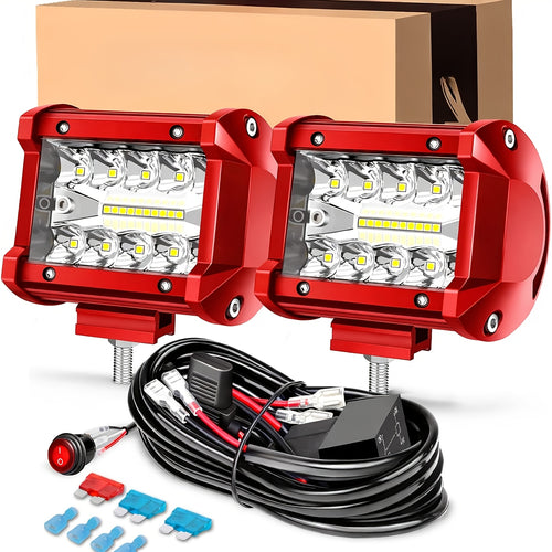 [LED Pod Lights] 4 Inch LED Pod Lights, Flood LED/Driving/Off Road Lights LED Light Bar With 2 Leads Wiring Harness, Cube Pods For Truck Boat ATV UTV, 2pcs Red, Without Battery