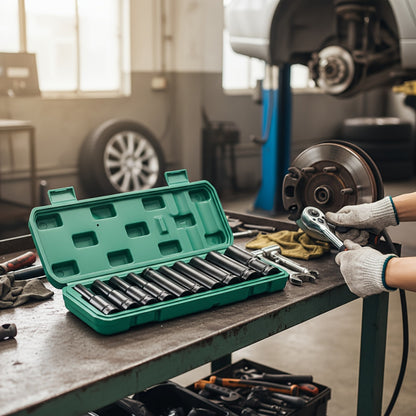 1/2-Inch Deep Impact Socket Set with Sturdy Green Storage Case, Pneumatic& Electric Drill Compatible, Ideal for Tire Removal, Mechanical Repair& Auto Maintenance