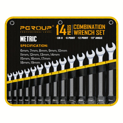 32pcs SAE & Metric Combo Wrench Set (20 Long & 12 Short-Reach Wrenches), 14pcss Premium Metric (6 - 19mm) & 14pcss SAE (1/4" - 15/16") Combo Wrenches With Open & 12-Point Box Ends, CR-V Steel, Mirror Chrome Polished