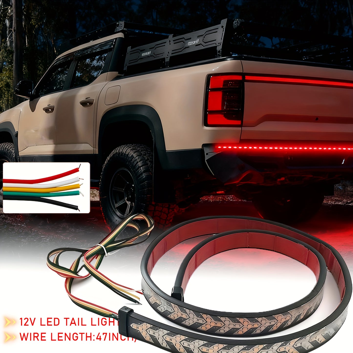 47.24inch Long Pickup-Style Off-Road Vehicle Arrow-Shaped LED Light Strip, Equipped with Red And Yellow Flowing Lights, Car Atmosphere Light Strip, Decorative Neon Light Strip on The Rear of The Truck, a Thoughtful Gift, with Fishbone Design