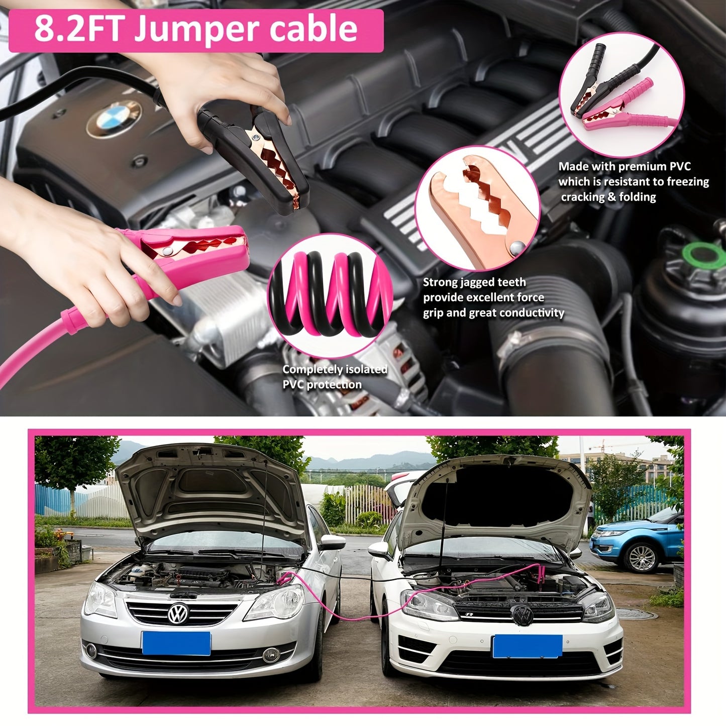 Pink Car Roadside Emergency Kit Assistance Emergency Kit with Jumper Cables Auto Tool Set Deer Whistles Winter Car Safety Roadside Assist Kit, Without Battery
