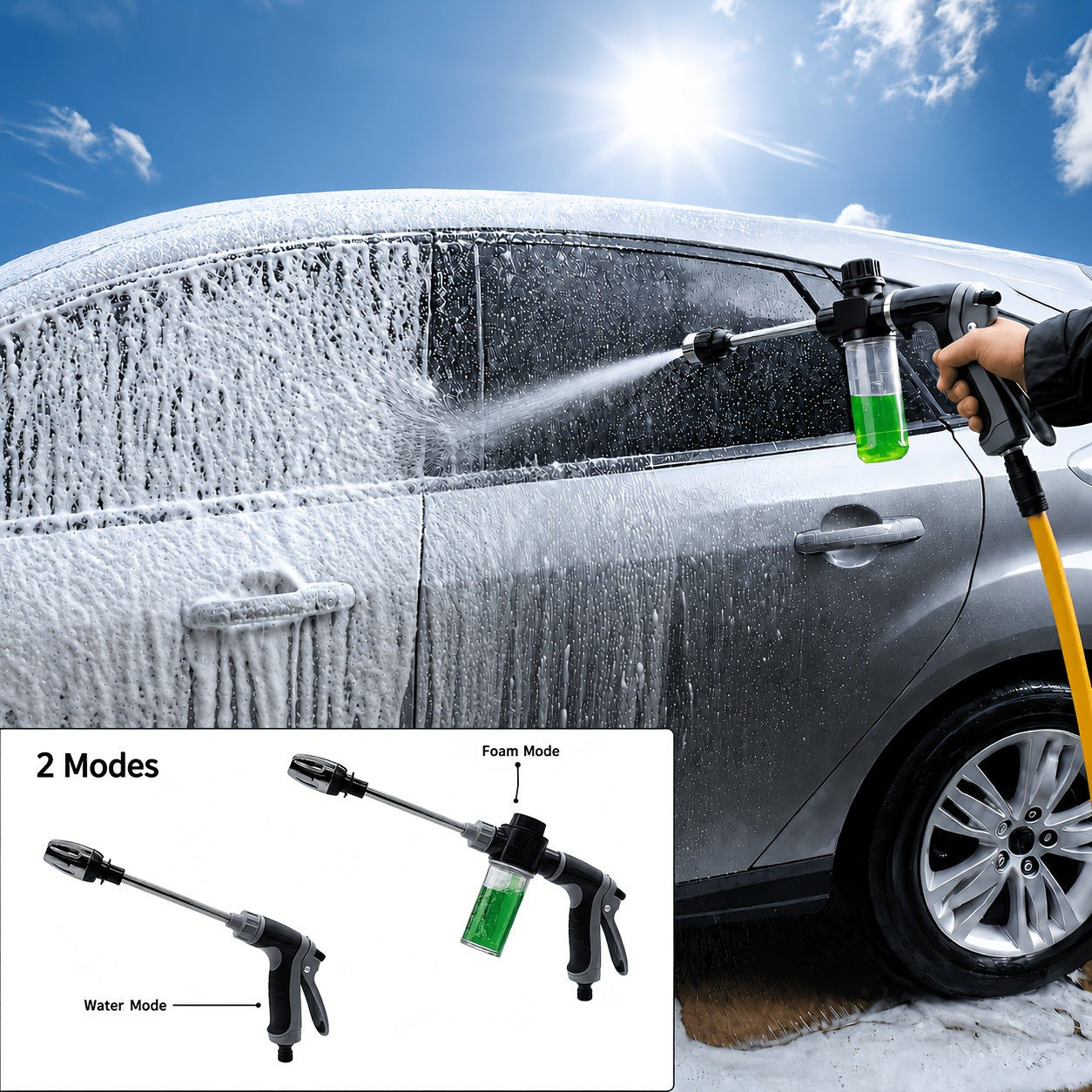 Final English Title:3pcs Long Spray Gun Set with Foam Bottle & Car Wash Towel, Multi-Function Adjustable Nozzle, Detachable Foam Bottle, Easy to Connect for Car Washing, Yard Cleaning & Garden Watering