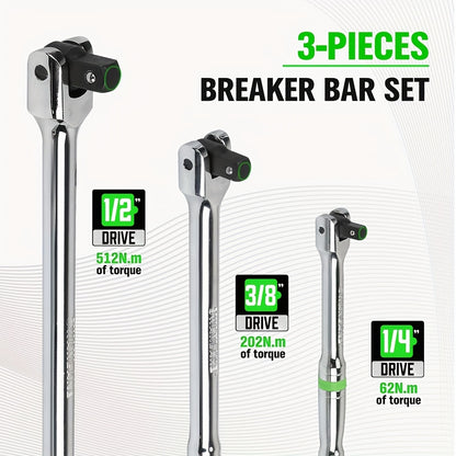 [Heavy Duty Breaker Bars] 6pcs Breaker Bar Set, 1/4", 3/8" & 1/2" Drive, Heavy Duty Breaker Bars, 6-inch, 10-inch, 15-inch Length with 180° Rotatable Head, Chromium Vanadium Steel