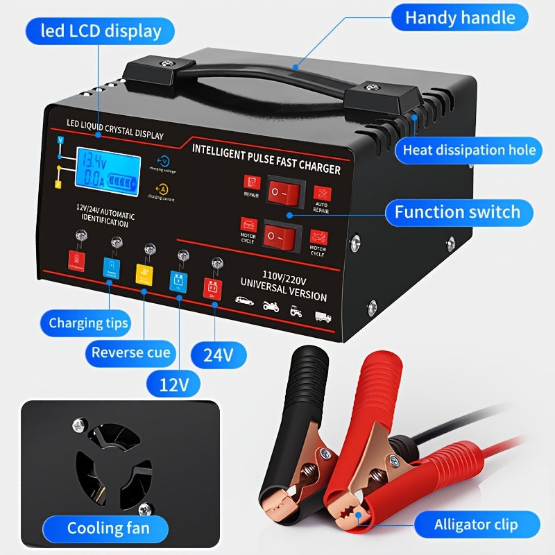 New Styles 12V 24V for smart Universal Battery Charger, LCD Screen, Pulse Repair Function, And Temperature Regulation Designed for Smart Trickle Charging Maintenance of Car, Truck, Harvester, Lawn Mower, Boat, And Motorcycle, Lead Acid Batteries