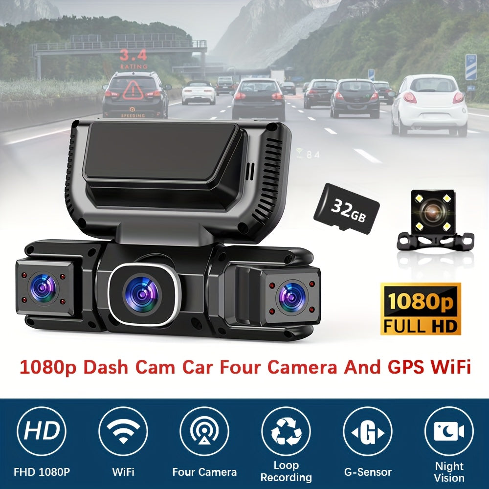 [FOXGOD] 360° Dash Cam for Car | 4 Channel Recording, Night Vision, 3.16" IPS Screen with WiFi, G-Sensor, Parking Mode, Video Capture, Free 32GB Card, The Best Gift to Give to A Friend