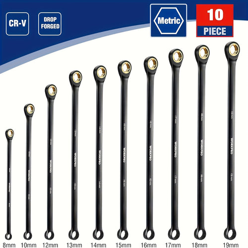 WORKPRO Extra Long Ratcheting Wrench Set, 10pcs Anti-Slip Double Box Wrenches Set, Metric 8-19mm, 72-Teeth, Cr-V Steel And Black Electrophoretic Coating Wrenches with Rolling Pouch