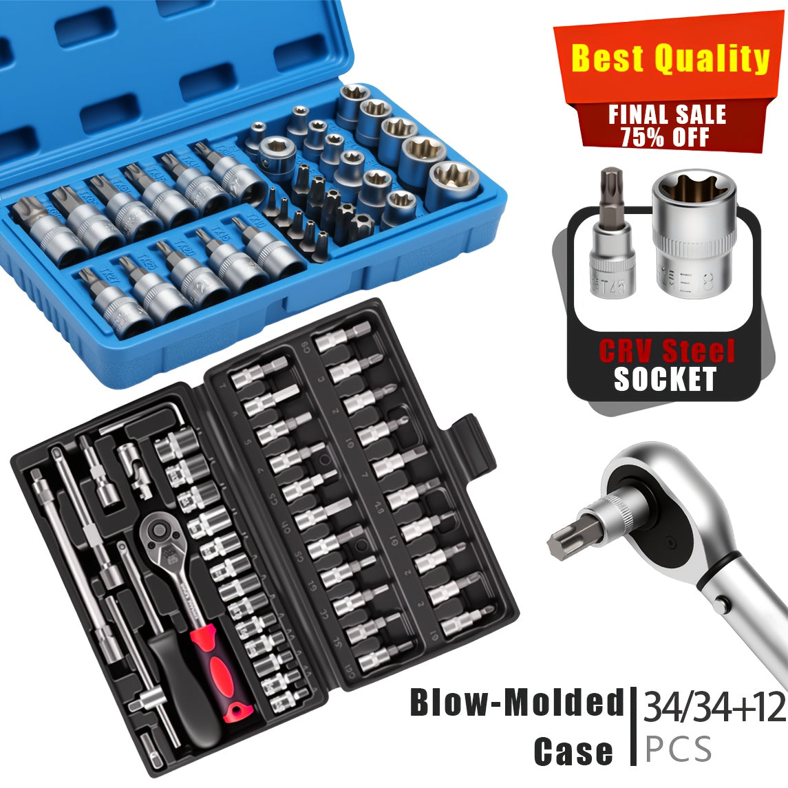 34/34+12pcs 3/8'' Drive Torx Star Bit Sockets CR-V E-Socket Set, E4-20, T10-60, Tamper Proof Set TT10-TT55, 5/16"F to 3/8"M Adapter with Storage Case,S2 Steel, Ideal for Car,Trucks,Home Improvement