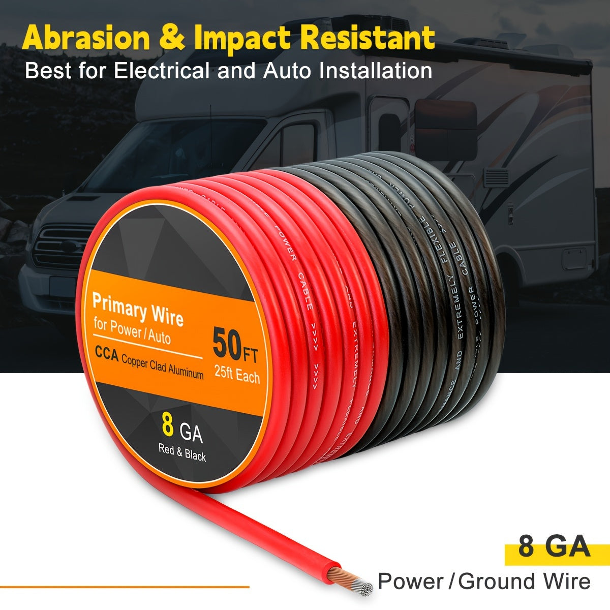8 Gauge Wire 50ft CCA Wire, (25ft Black+25ft Red) Automotive Wire Car Audio Battery Cable, Power/Ground Wire, Marine, Welding Cable, Electrical Wire Audio Wiring For Speaker Amp car accessories
