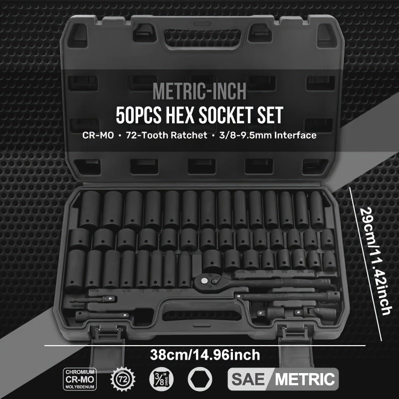 [Impact Socket Set] 50/53pcss Impact Socket Set - 3/8-Inch Drive, Including Common Metric Sizes (8-22 Mm) And Imperial Sizes (5/16-3/4 Inch), Made of CR-V Steel. The 53pcss Set Includes 24-Tooth 1/4-Inch Metric Sockets, Ideal for Enthusiasts And Machinist