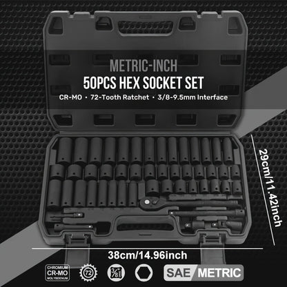 [Impact Socket Set] 50/53pcss Impact Socket Set - 3/8-Inch Drive, Including Common Metric Sizes (8-22 Mm) And Imperial Sizes (5/16-3/4 Inch), Made of CR-V Steel. The 53pcss Set Includes 24-Tooth 1/4-Inch Metric Sockets, Ideal for Enthusiasts And Machinist