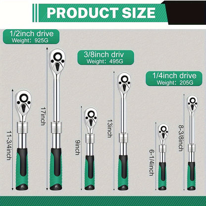 3-Piece Extendable Ratchet Set, 1/4 3/8 1/2 Inch Extendable Socket Wrench, Ratchet Wrenches Set 72-Tooth Quick-Release, Soft Grip Handle, Release Reversible Gear Torque Spanner Mechanical Tools