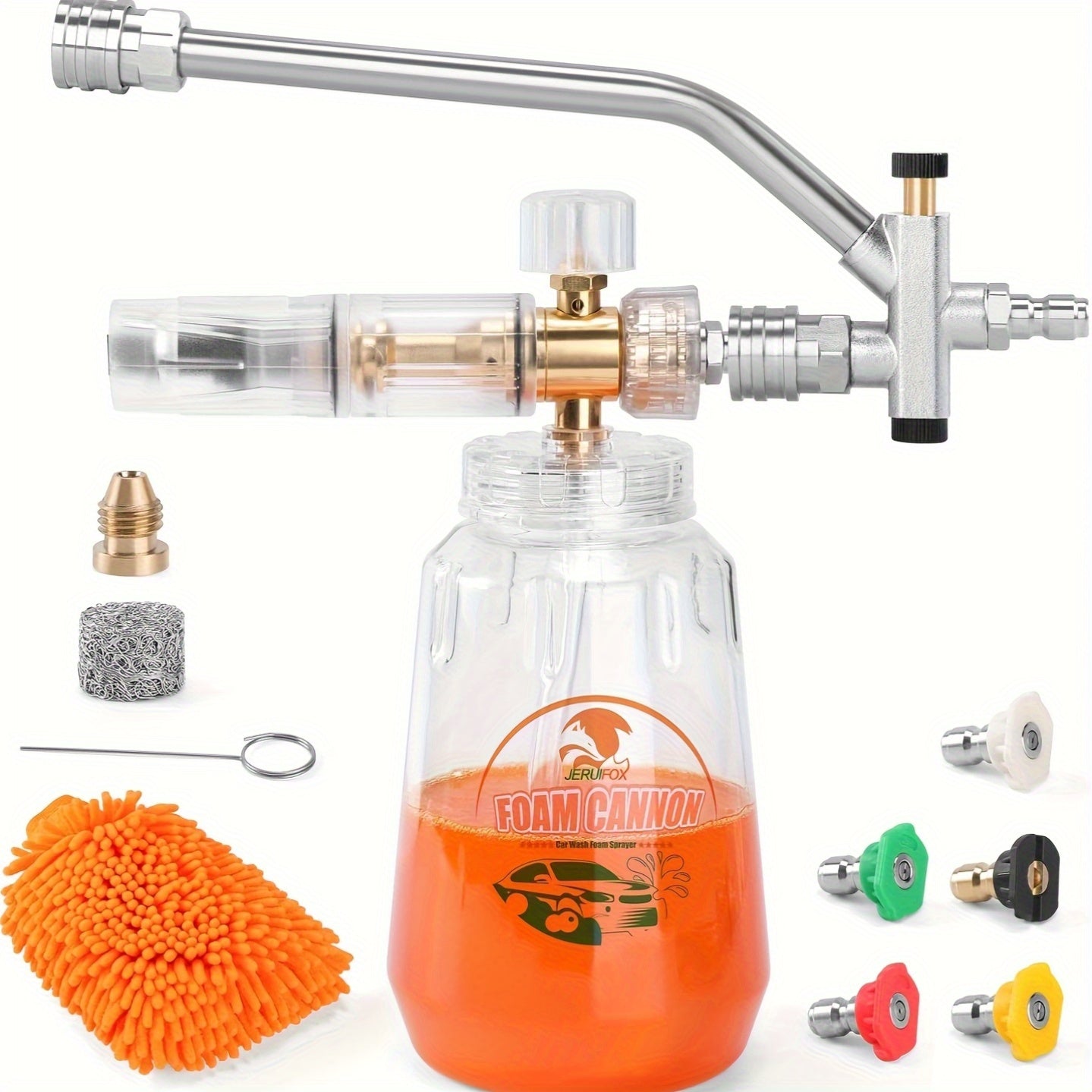 Pressure Washer Foam Soap Cannon Dual Connector Accessory - Power Wand With 5 Nozzle Tips And 1/4" Quick Connect For Car Wash - 5000PSI