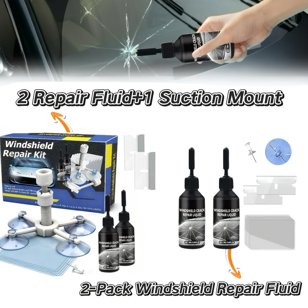 Windshield Repair Kit, 15-Minute Quick Fix, Nano Liquid Stops Spread, DIY And Save $250+. Works On Bullseye, Star Cracks, And Scratches. 2 Options-2-Pack Of Windshield Repair Fluid OR 2 Repair Fluids + 1 Suction Mount. Portable Boxed Set