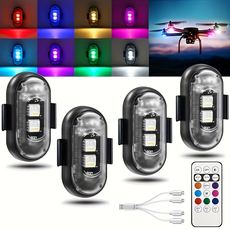 4-Pack Car Wireless LED Strip Light Remote Control | Magnetic Vibration Lights with 8 Colors, USB Rechargeable, IP65 Waterproof, Impact-Resistant Warning Lights, Suitable for Car Interiors, Trucks, Motorcycles, Drones, Aircraft, Bicycles