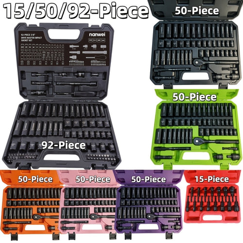 92/50/15pcs 3/8 Inch Drive Impact Socket Set, Metric (8-22 Mm), SAE (5/16 - 3/4 Inch), 6 Points, Cr-V Material, With Adapter Ratchet Handle And Storage Box - Professional/maintenance Personnel Set, A Great Choice For Daily Use And As A Gift.