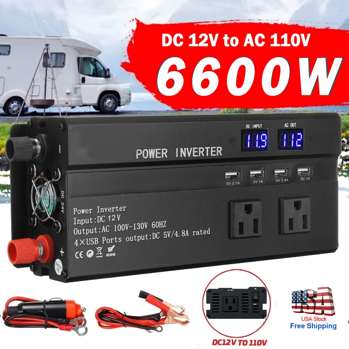 6600W Peak Power Inverter, Car Pure Sine Wave Inverter DC 12V to AC 110V LCD Digital Display, Compatible for Solar And Portable with USB Ports, US Sockets, Fast Charging for Vehicles Trucks Rvs And Other Vehicles