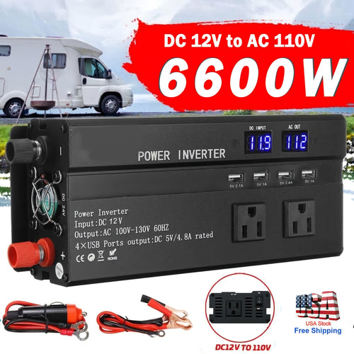 6600W Peak Power Inverter, Car Pure Sine Wave Inverter DC 12V to AC 110V LCD Digital Display, Compatible for Solar And Portable with USB Ports, US Sockets, Fast Charging for Vehicles Trucks Rvs And Other Vehicles