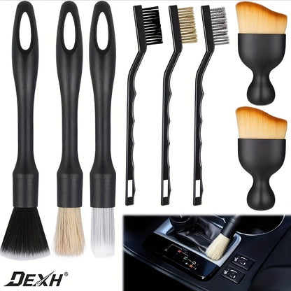 Set of 8 Car Detailing Brushes, Including Tools for Cleaning The Interior, Wheels, Air Vents, And Engine Areas, Featuring 3 Detailing Brushes, 3 Wire Brushes, And 2 Soft Brushes