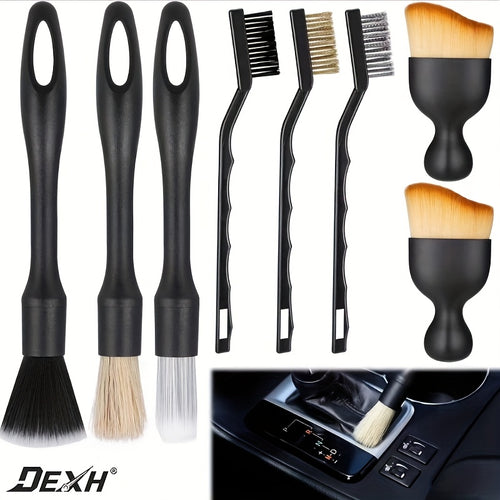 Set of 8 Car Detailing Brushes, Including Tools for Cleaning The Interior, Wheels, Air Vents, And Engine Areas, Featuring 3 Detailing Brushes, 3 Wire Brushes, And 2 Soft Brushes