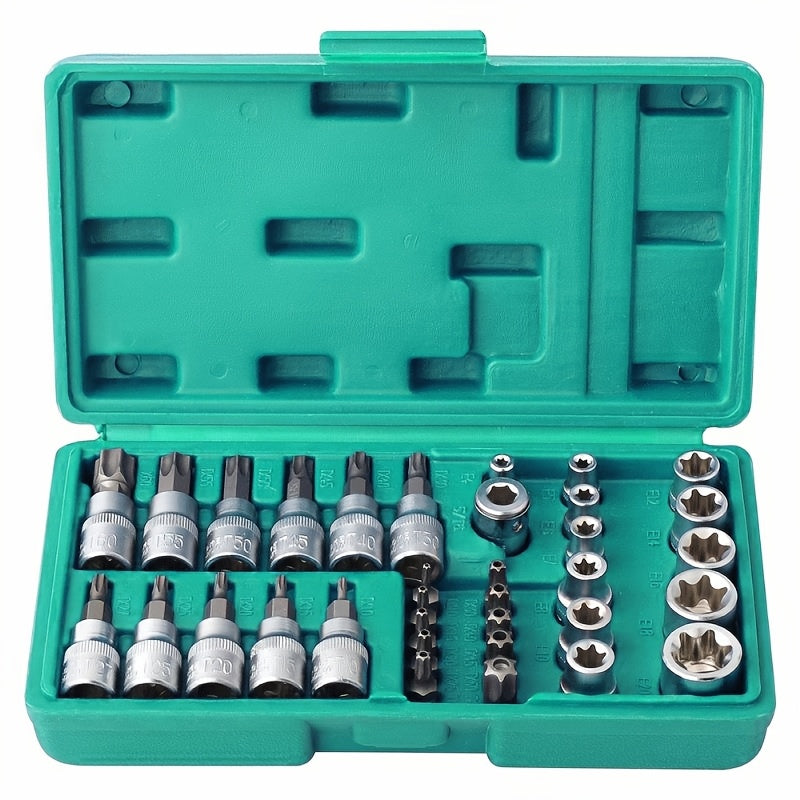 Set of 34 Torx Bit Sockets And E-Torx Sockets for 1/4", 3/8", And 1/2" Drives, Including Both Male And Female E-Torx Security Bits, Designed for Handheld Use