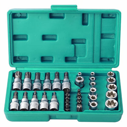 Set of 34 Torx Bit Sockets And E-Torx Sockets for 1/4", 3/8", And 1/2" Drives, Including Both Male And Female E-Torx Security Bits, Designed for Handheld Use